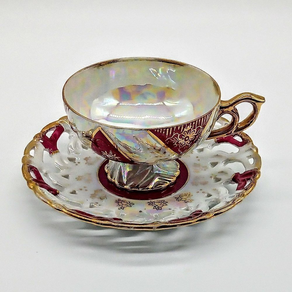 Red Lustreware Porcelain Cup Reticulated Saucer